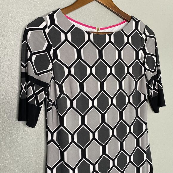 Eliza J Dress Women's 2 Gray Pink Shift Geometric 1/2 Sleeve Art Deco 60's Mod - Picture 2 of 14